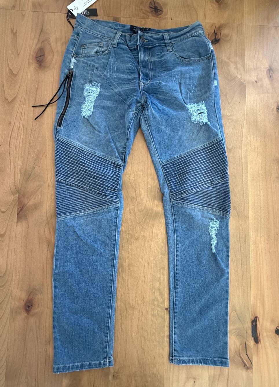Kayden K Men's Medium Blue Skinny Distressed Biker Moto Jeans - Size 32